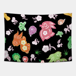 Playful bunnies with cherry blossom,  radish and cabbage seamless repeat pattern Tapestry