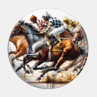 Artistic illustration of horses neck and neck in a horse race. Pin