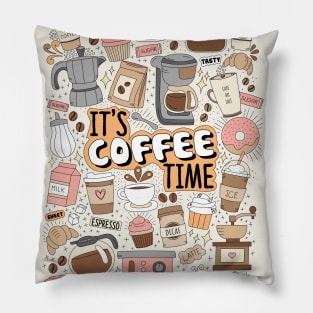 Its Coffee Time Hand Drawn Doodles Pillow