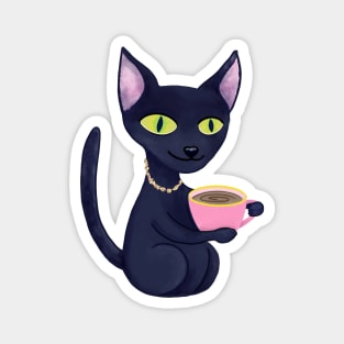 Cute Black Cat Drinking Coffee Magnet