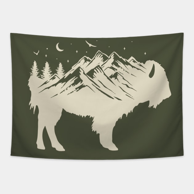 Buffalo Silhouette - Retro Bison Mountain - Buffalo Lover Tapestry by OrangeMonkeyArt