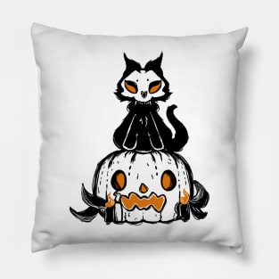 Scared pumpkin and spooky cat halloween 2022 decoration ink drawing Pillow