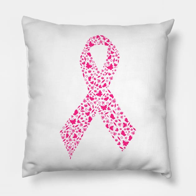 Floral Butterflies Pink Ribbon Breast Cancer Awareness Pillow by Teeziner