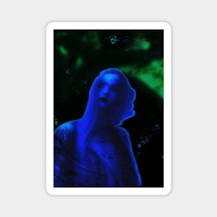 Portrait, digital collage and special processing. Beautiful woman, like painted. Blue and green. Stars. Magnet