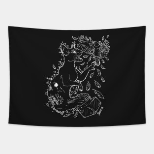 Black Oriental cat made of black ink is attacking black raven Tapestry