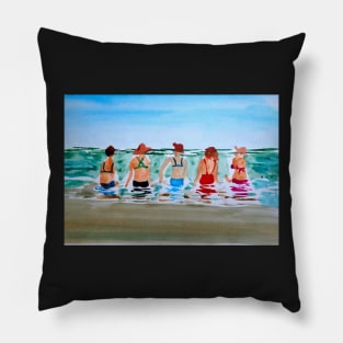 Girls at Beach Watercolor Painting Pillow