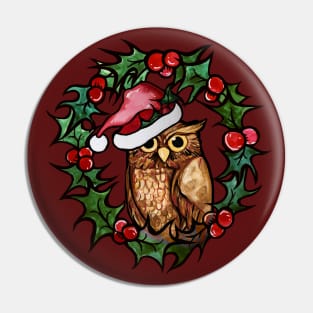 Christmas Owl With Cute Santa Hat and Wreath Pin