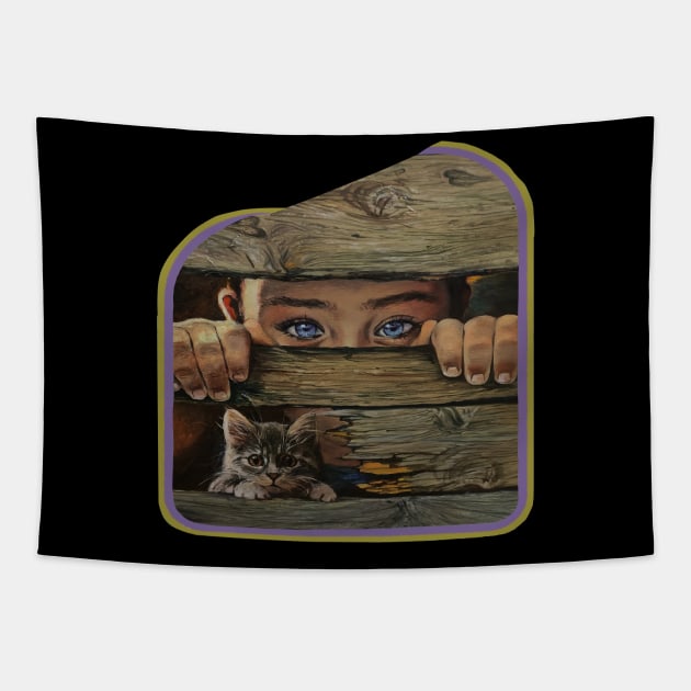 Cat and boy two hearts Tapestry by Ilustradamus