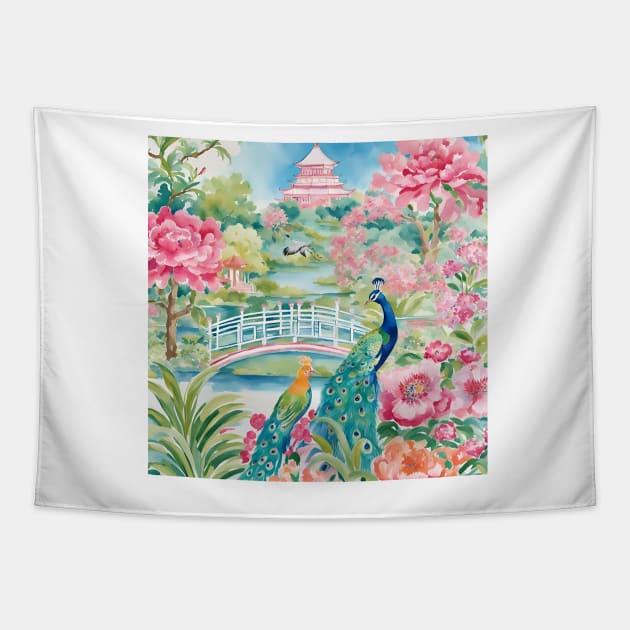 Preppy colors mystical chinoiserie garden Tapestry by SophieClimaArt