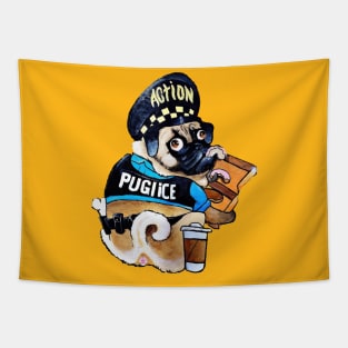 Cute police pug eating pink donuts Tapestry