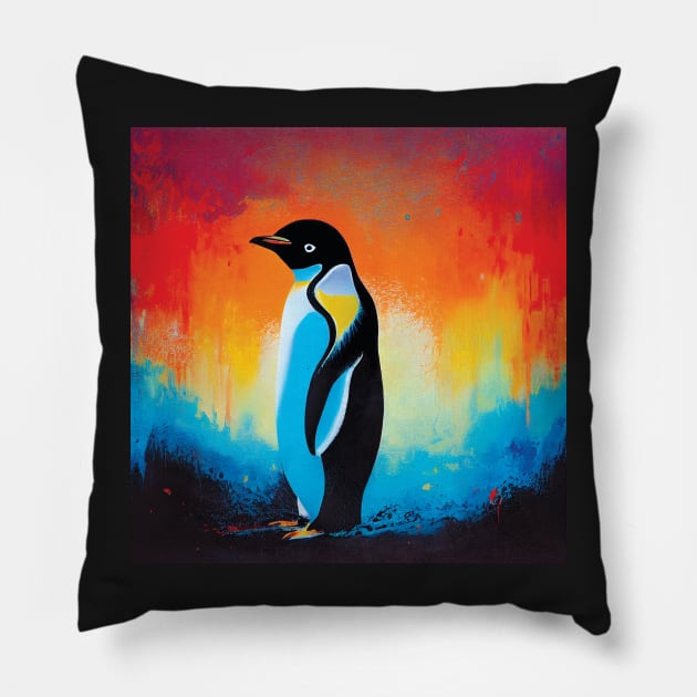 Colourful Penguin Oil Painting Pillow by Geminiartstudio