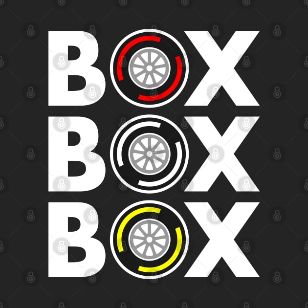 Box Box Box F1 Tyre Compound White Text Design by DavidSpeedDesign