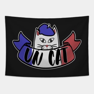 Un Cat Counting Pun, Funny French Flag Cat and Beret Tapestry