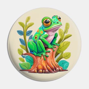 Contemplating Frog on a Stump Pin