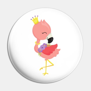 Princess Flamingo, Cute Flamingo, Crown, Flowers Pin