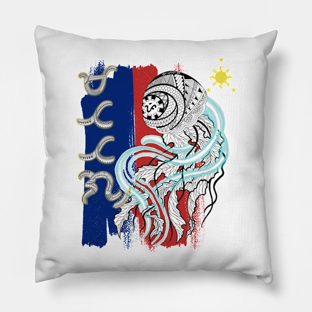 Philippine Flag-Tribal line Art Jellyfish / Baybayin word Matatag (Tough/Stable) Pillow by Pirma Pinas