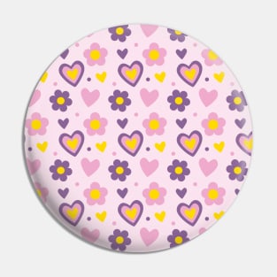 Retro Flowers and Hearts Pattern Pink, Purple Pin