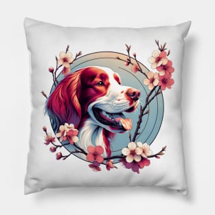 Joyful Irish Red and White Setter Amidst Spring Cherry Blossoms Pillow