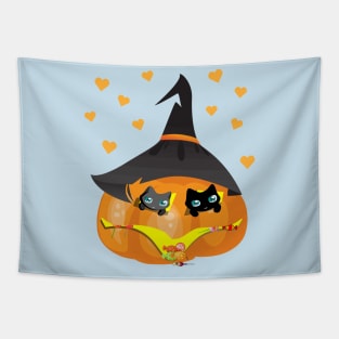 Black and Gray Cat in a Pumpkin House with Sweets Tapestry