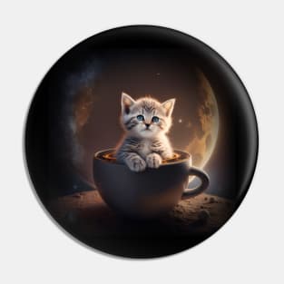 Funny Kitty Cat sitting in a Coffee Mug Space & Galaxy Theme Pin