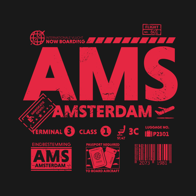 Vintage Amsterdam AMS Airport Code Travel Day Retro Travel Tag by Now Boarding