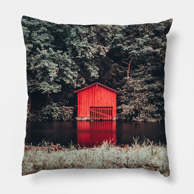 Red House on the Lake Pillow by Kelly Louise Art