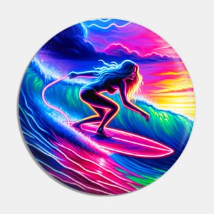 Colorful Neon Painting of Woman Surfing Pin