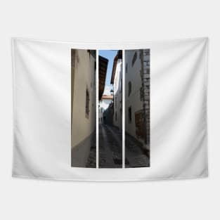 North Italy Life in the center of the lombard medieval city. Walking through narrow streets and walls. Sunny summer day. (vertical) Tapestry