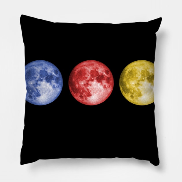 Moon in triplicate - moon photo in blue, red, and yellow Pillow by AtlasMirabilis