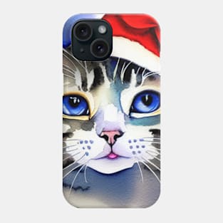 Blue Eyed Cat in a Santa Hat Watercolor Phone Case