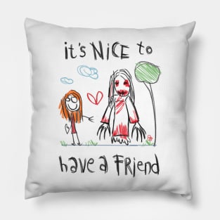 Chilling Companionship: A Friend in Horror's Art - Horror Kid Drawing Pillow