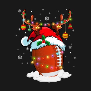 Reindeer Santa Hat Football Christmas Lights Xmas T-Shirt