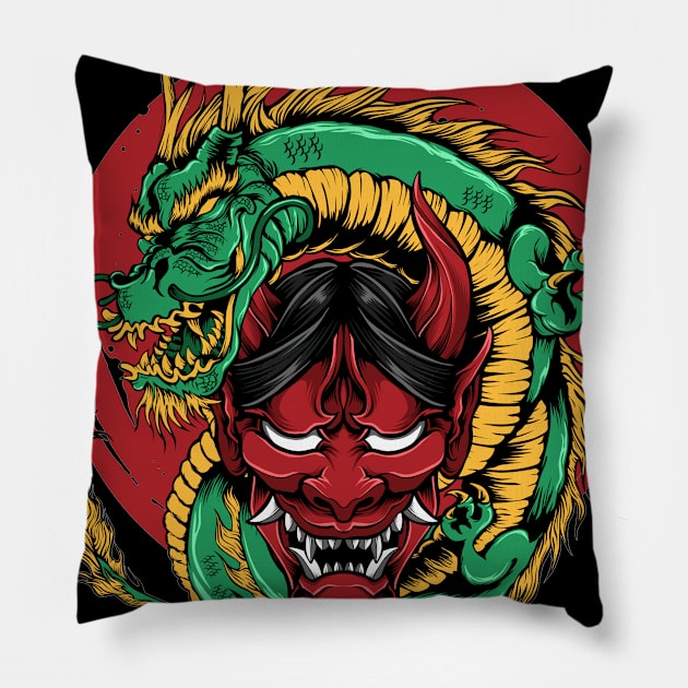 Japanese Dragon Oni Mask Yokai Chinese Zodiac Pillow by Alex21