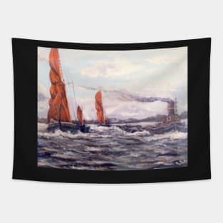 THAMES SAILING BARGES RACING A STEAM TUG ON THE RIVER THAMES Tapestry