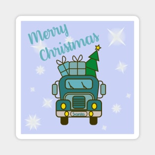 Greeting card with lettering front of blue Santa’s truck, presents and Christmas tree Magnet