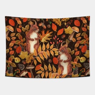 Autumn squirrels and autumnal flora on dark brown Tapestry