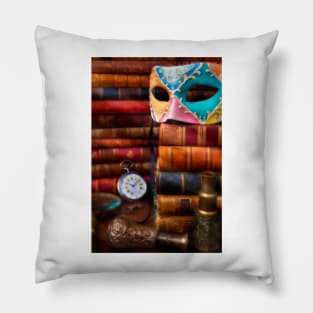 Old Mask On Stack Of Antique Books Pillow