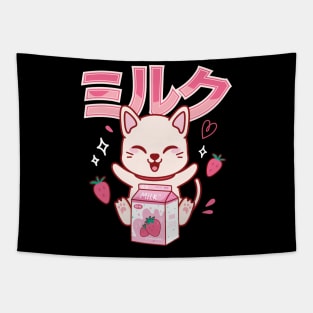 Cat Kawaii Anime Japanese Strawberry Milk Shake Tapestry