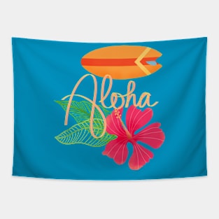 Aloha Tropical Hand Lettering with Surfboard and Hibiscus Tapestry