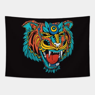 Huichol Aztec Tiger Head Tapestry