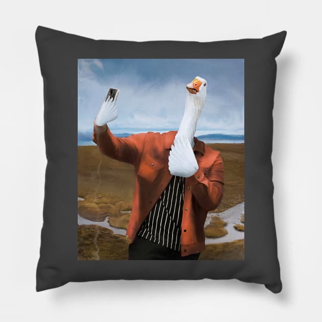 Human Duck Taking A Selfie Oil Painting Pillow by Mrkedi