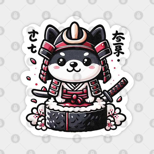 Kawaii Samurai Puppy Warrior Cute on Sushi Japanese Magnet by EmuftyDesign