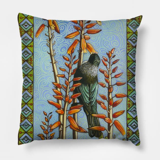 Tui in the succulents Pillow by AprilAppleArt