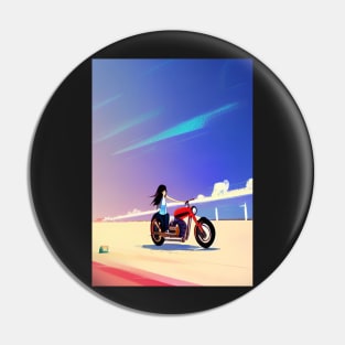 JAPANESE GIRL COOL RETRO MOTORCYCLE ON THE BEACH Pin