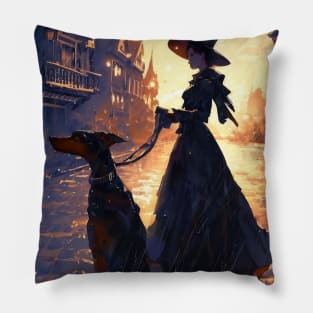 Victorian woman with doberman dog on street Pillow