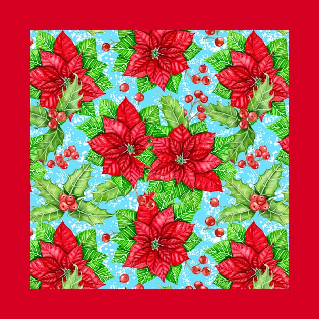 Poinsettia and holly berry watercolor Christmas pattern by katerinamk