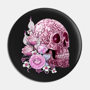 Pink Floral Pink Flowers Sugar Skull Pin