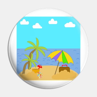 A vacation on a beach with palm trees, Ocean, sky and clouds with Umbrella, suitcase and beach toys. Pin