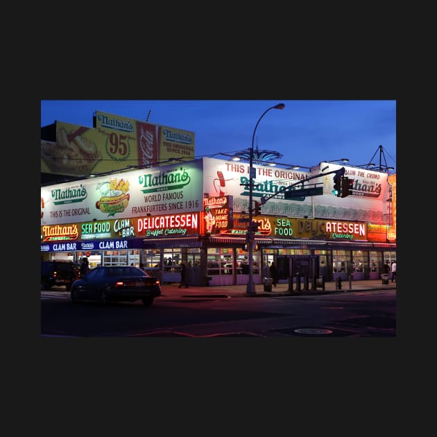 Nathan's famous hot dogs kiosk in Coney Island, at dusk by Reinvention