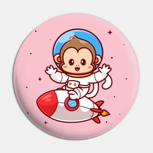Cute Monkey Astronaut Riding Rocket Cartoon Pin